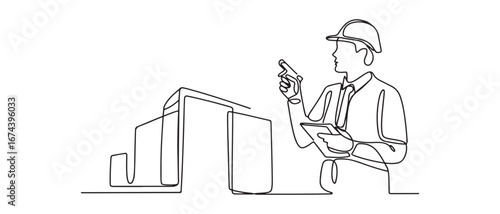 One continuous line drawing of young foreman manager controlling the construction of building. Vector black silhouette. with white background