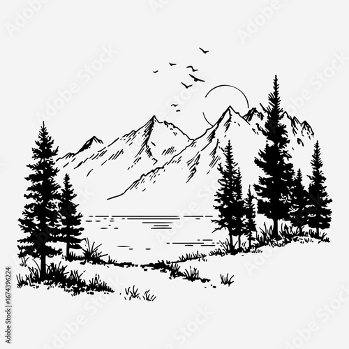 Lake Vintage Design Element Graphic, Adventure Mountain Climbing Forest Lake Simple Silhouette Graphic