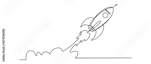 One continuous line drawing of simple retro spacecraft flying up to the outer space nebula. Rocket space ship launch into universe concept. Vector black silhouette. with white background