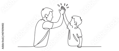 Single continuous line drawing of young dad giving high five gesture to son for success school achievement, parenthood time. Vector black silhouette. with white background