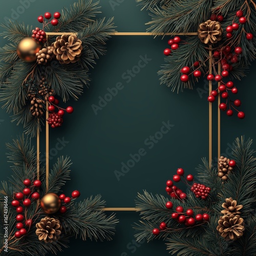Elegant Christmas Frame With Pine Branches and Festive Decorations in Rich Co...
