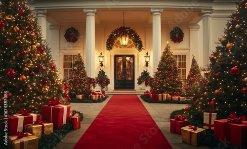 Festive Entrance of a Grand House Decorated for Christmas With Trees and Gifts.