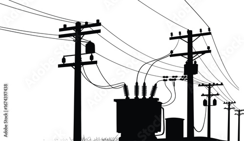 Silhouette of power transformers and electrical poles with wires, electricity distribution, energy infrastructure, power supply, utility poles, electric grid system