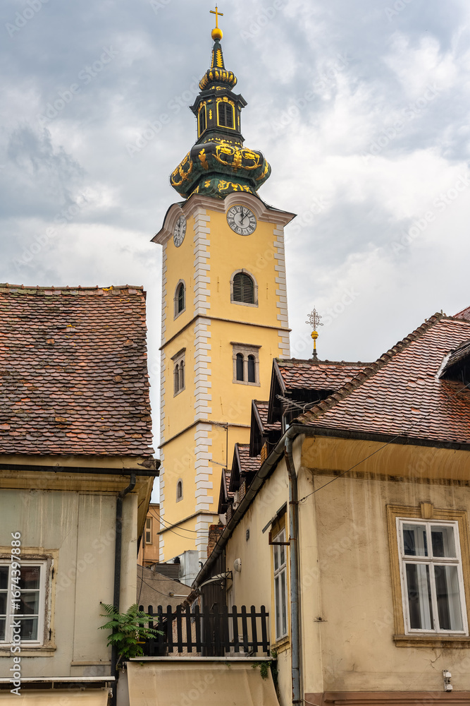 Obraz premium Gold-adorned church tower in its dome in the city of Zagreb, Croatia.
