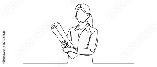 Single continuous line drawing of young female architect holding blueprint paper pose cross arms. Professional work job occupation. Vector black silhouette. with white background
