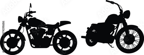 Silhouette of two vintage motorcycles, custom chopper style, retro bike design, black outline, biker culture, classic motorbike, isolated vector art