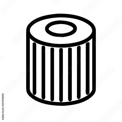 Minimalist black outline vector icon of a cylindrical oil filter for an internal combustion engine, symbolizing automotive maintenance, engine care, and mechanical repair