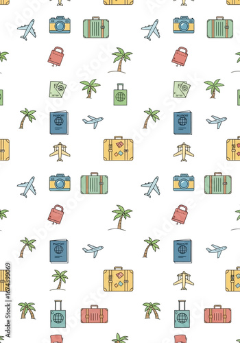 Seamless Pattern of Travel Icons Suitcases, Airplanes, Passports, Cameras, and Palm Trees on a White Background