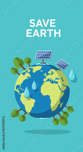 Save Earth concept with solar panels and water drops promoting environmental sustainability and green energy
