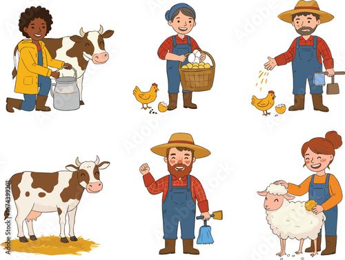 Happy diverse children and farmer adults on farm, caring for animals, milking cow, feeding chicken, rural lifestyle, cartoon vector illustration