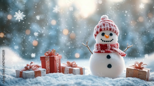 Snowman Surrounded by Gifts During a Winter Snowfall in a Festive Atmosphere