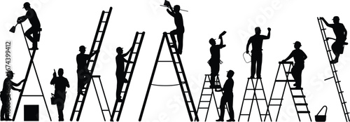 Silhouette of workers climbing ladders, performing tasks, construction site, teamwork, maintenance, safety gear, industrial labor, professional workers, ladder use, black and white vector