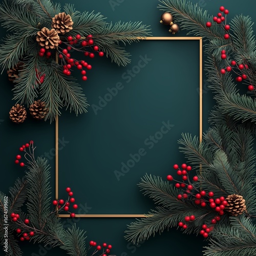 Festive Holiday Decorations With Pine and Berries Creating an Elegant Frame o...