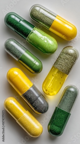 Colorful Capsules With Various Powders Arranged Artistically on a Light Backdrop