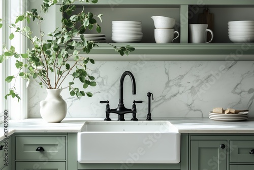 Elegant Kitchen With Green Cabinetry and White Farmhouse Sink in Natural Light