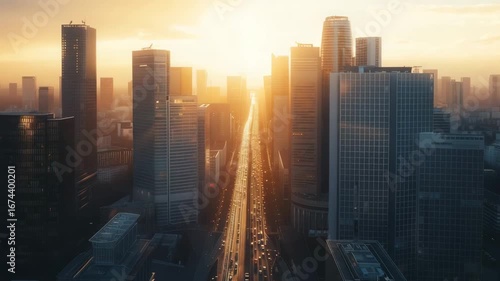 Aerial drone shot of a modern city skyline at golden hour.