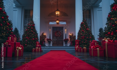 Festive Entrance of a Grand House Decorated for Christmas With Trees and Gifts