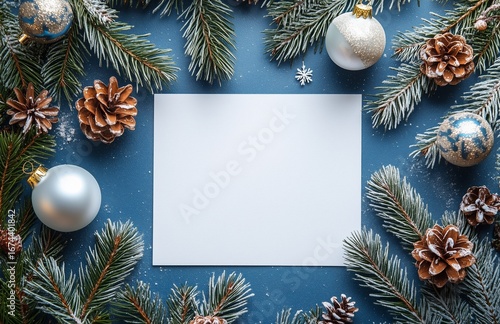Festive Winter Table Setting With Decorations and Blank Card on Blue Background