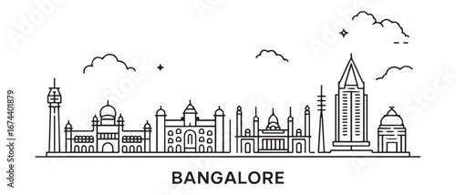 Outline Bangalore Line art Skyline with Historic Buildings. Vector Illustration. with white background
