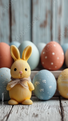 Cute Yellow Bunny Figurine With Pastel Colored Easter Eggs on Rustic Wooden B...