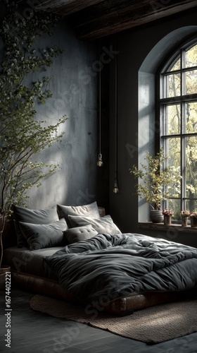Cozy Dark Bedroom With Plants and Large Windows Allowing Natural Light