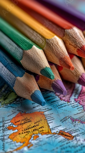 Colorful Pencils Arranged Over a Vintage World Map Showcasing Vibrant Hues an...