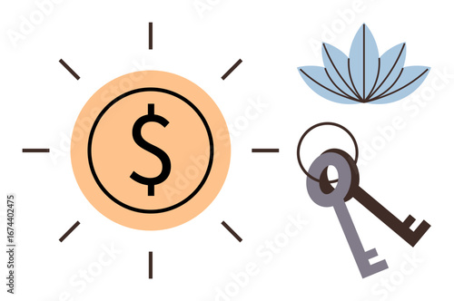Dollar sign in a sun symbolizing wealth, two keys representing opportunities, and a lotus for growth. Ideal for finance, investment, security, prosperity, motivation success opportunity. Simple