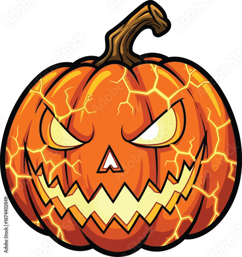 Spooky halloween pumpkin with glowing eyes and a scary grin on a white background