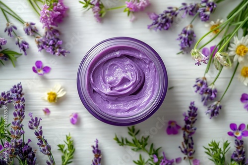 Handmade Lavender Cream Surrounded by Fresh Flowers on a White Wooden Surface