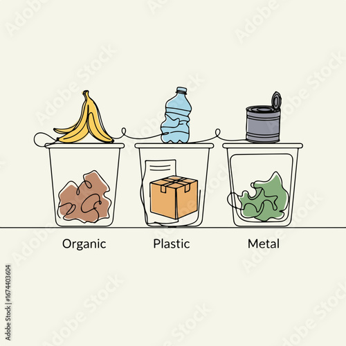 Three labeled recycling bins holding waste materials, organic, plastic, and metal containers. Recycling concept showcases sorting of biodegradable garbage and recyclable trash.
