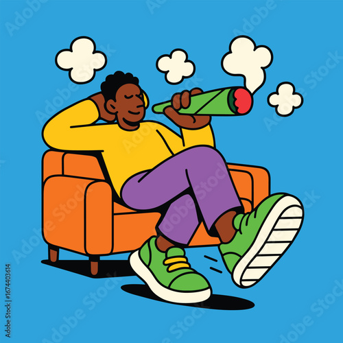 Man smoking a joint while relaxing on a couch popart vector illustration