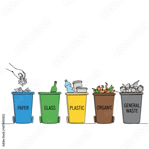 Depicting waste sorting with five color-coded bins labeled for paper, glass, plastic, organic waste and general waste.