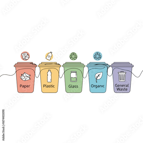 Isolated row of colorful trash cans for waste sorting, trash cans including paper, plastic, glass, organic and general waste. Effective waste sorting includes containers to separate trash.