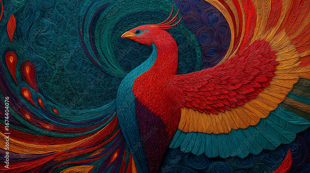 Obraz premium A majestic colorful phoenix with wide fiery wings flying gracefully, isolated on a colorful background, symbolizing rebirth, power, and immortality. 