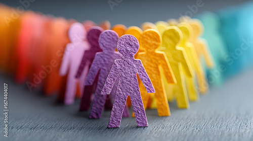 Colorful cutout figures standing in line to represent unity and teamwork 