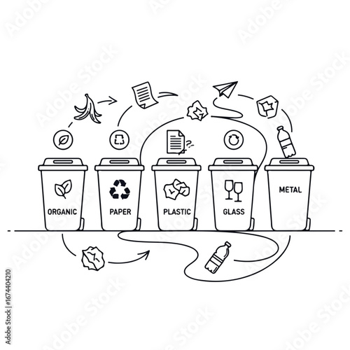 Recycling bins with waste streams for sustainable practice, showing separate waste sorting. Recycling bins are labeled for organic, paper, plastic, glass, and metal for environmental sustainability.