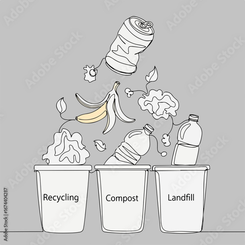 Zero waste concept, showing recycling, composting, landfill in simple line art. Recycling process with paper, composting with banana peel, landfill with plastic bottle for eco living.