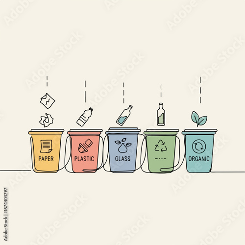 Colorful recycling bins illustrate proper waste sorting for environmental protection. Recycling bins show paper, plastic, glass, and organic waste streams,