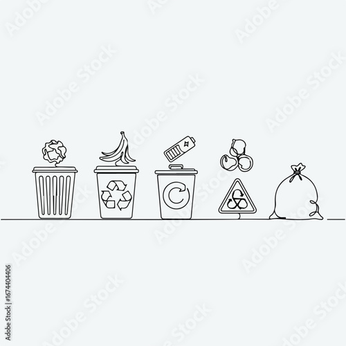 Continuous line drawing shows recycling bins and waste disposal. Recycling bins showcase various waste types, from paper to batteries, emphasizing trash sorting for responsible waste management.