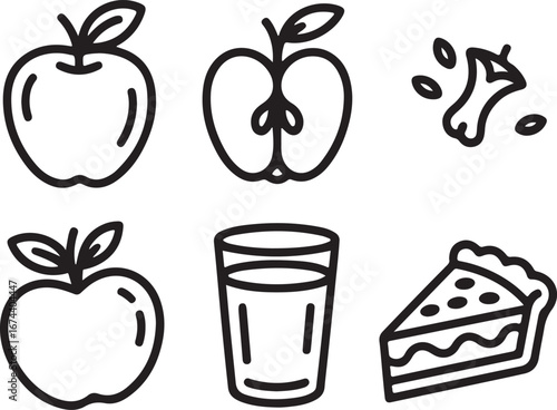 Fresh Apple Vector Icons Set Whole Apple, Sliced Apple, Apple Core, Apple Seed, Apple Leaf, Apple Juice, Apple Pie, Apple Blossom, and Orchard Element