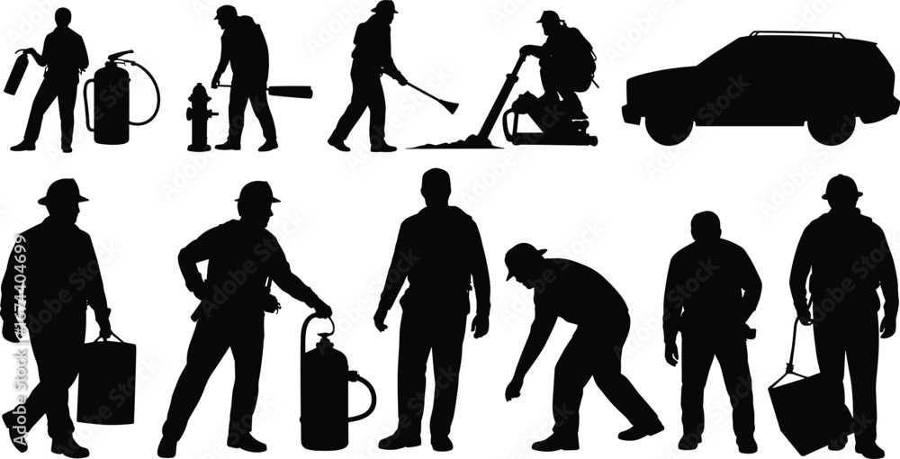 Obraz premium Silhouettes of pest control workers, fumigation specialists using equipment, fire extinguisher, pest removal, safety gear, professional exterminators, outdoor work, spraying, pest management
