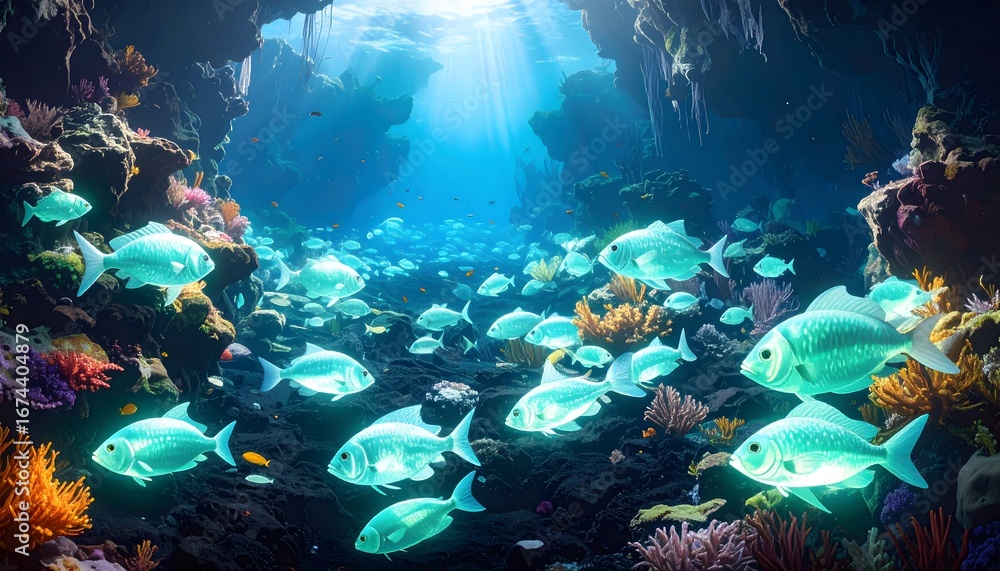 Fototapeta premium Underwater Scene - Glowing Fish Swimming Near Coral Reef.