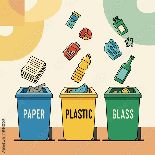 Three recycling bins for waste sorting with different types of materials. Recycling bins for paper, plastic and glass help maintain environment.