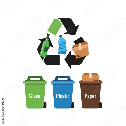 Recycling bins for waste sorting feature glass, plastic, and paper, essential for waste sorting. Environmentally conscious waste sorting shown with green, blue, and brown bins below recycling symbol.