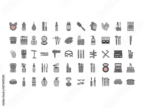 Beauty Essentials Icons: A collection of various beauty product icons including makeup brushes, lipsticks, and a hair dryer representing beauty, fashion, and glamour.