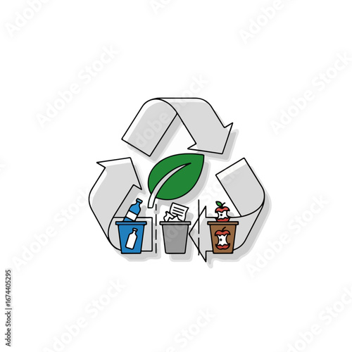Recycling symbol showcases bins with trash for processing and eco-consciousness. Green recycling symbol is an easily recognizable visual.