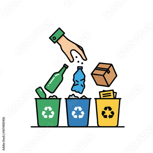 Hand throws trash into recycling bins, sorted by type, to promote environmentally conscious disposal. Bins separate trash carefully, showcasing resource management of bottles, paper, and plastic.