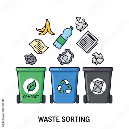 Waste sorting displayed with three bins for compost, recycling, and non recyclable waste. Proper waste sorting process encourages eco friendly practices and responsible disposal habits.