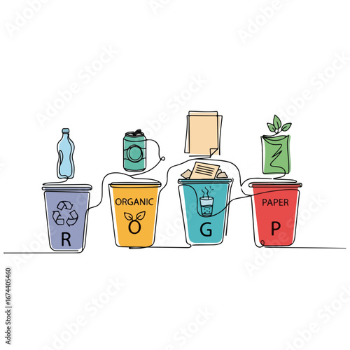Recycling bins featuring paper, plastic, glass, and organic waste for sorting. Recycling bins show waste separation, highlighting ecological responsibility.