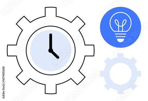 Gear with clock in center symbolizing productivity, blue light bulb for idea generation, faded gear background. Ideal for teamwork, innovation, efficiency, planning, technology, startups simple
